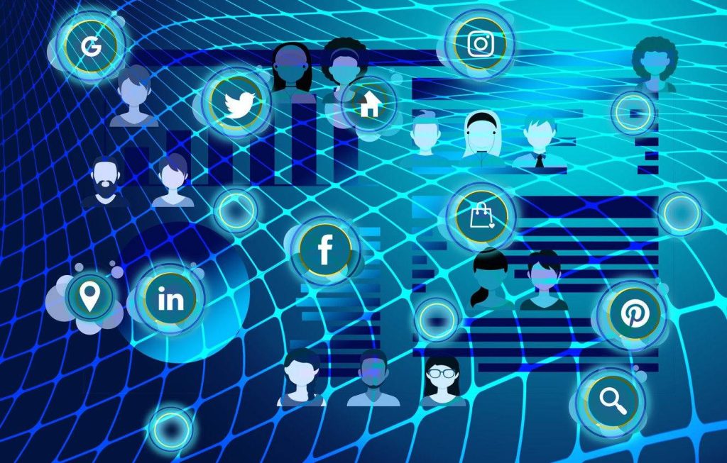 Vibrant blue digital mesh with Facebook LinkedIn Twitter icons and global social network silhouettes Wallpaper