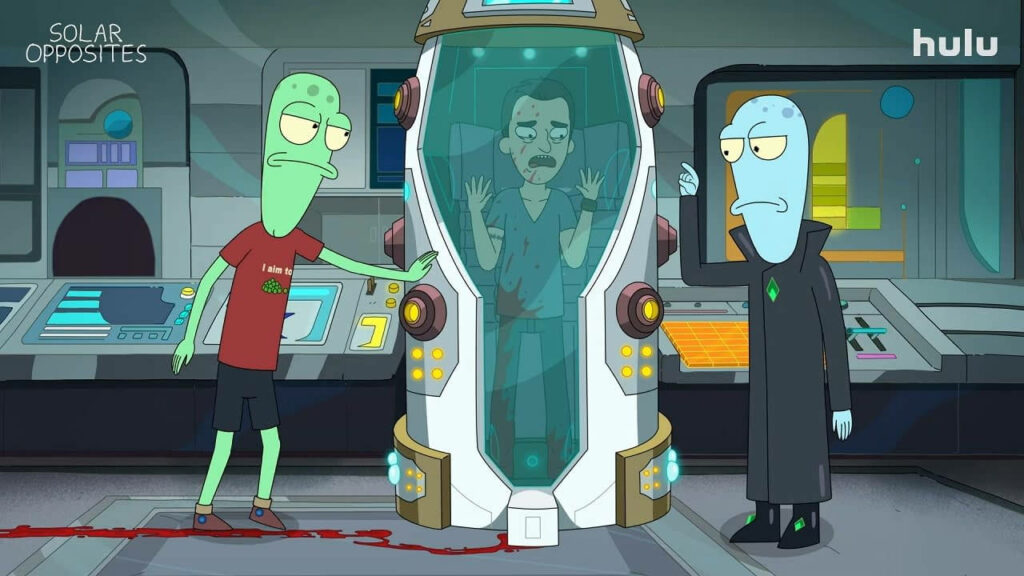 Vibrant Solar Opposites Wallpaper: Aliens in Sci-Fi Lab Setting