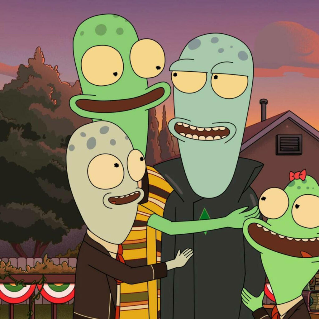 Cheerful Solar Opposites Wallpaper: Playful Aliens in Suburban Scene