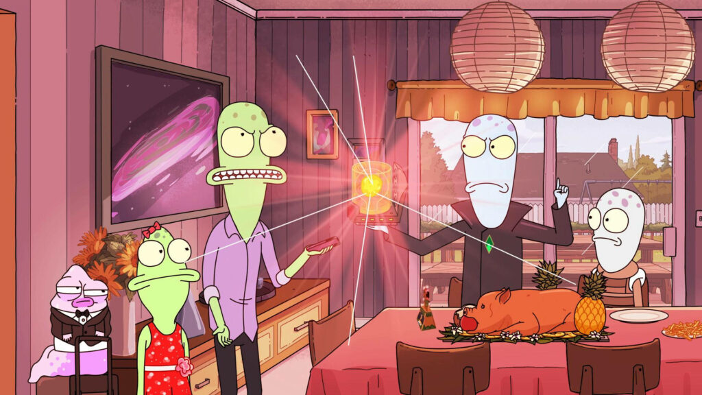 Vibrant Solar Opposites Dining Room Wallpaper: Humorous Characters Unite
