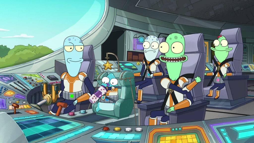 Vibrant Solar Opposites Wallpaper: Smiling Aliens in High-Tech Vehicle