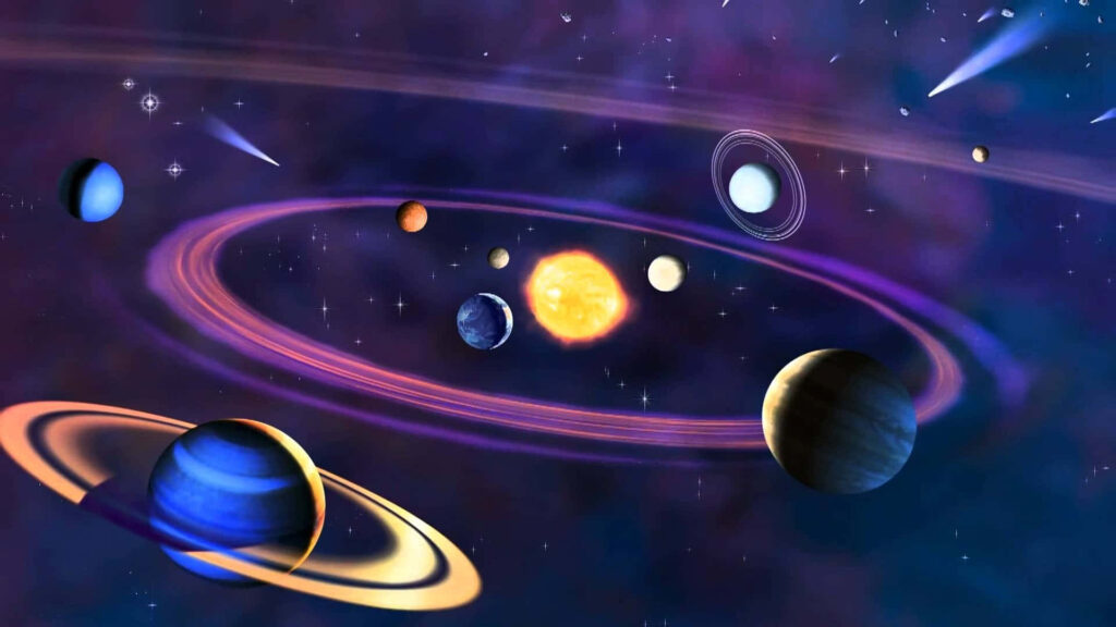 Vibrant Solar System Wallpaper: Artistic Sun & Planets in Cosmic Design