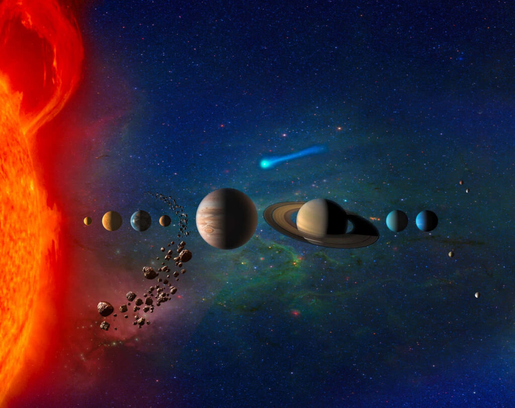 Vibrant Solar System Wallpaper: Planets, Sun, Comet, Asteroids