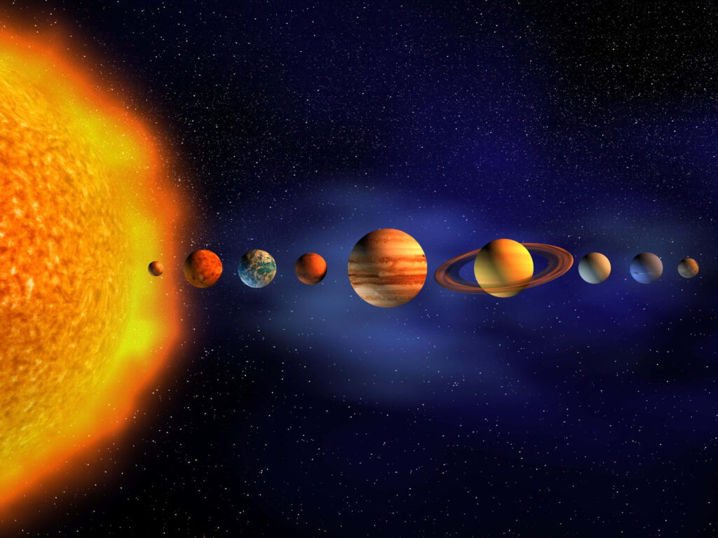 Vibrant Solar System Wallpaper: Sun & Planets Against Starry Space
