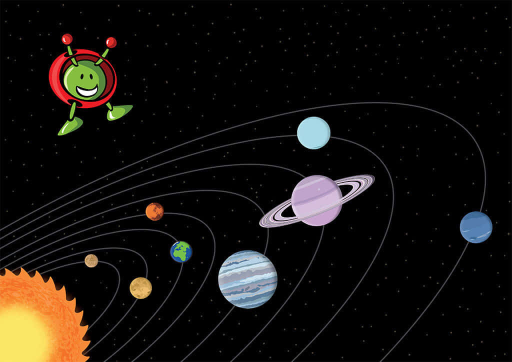 Vibrant Solar System Wallpaper with ESA Mascot in Space