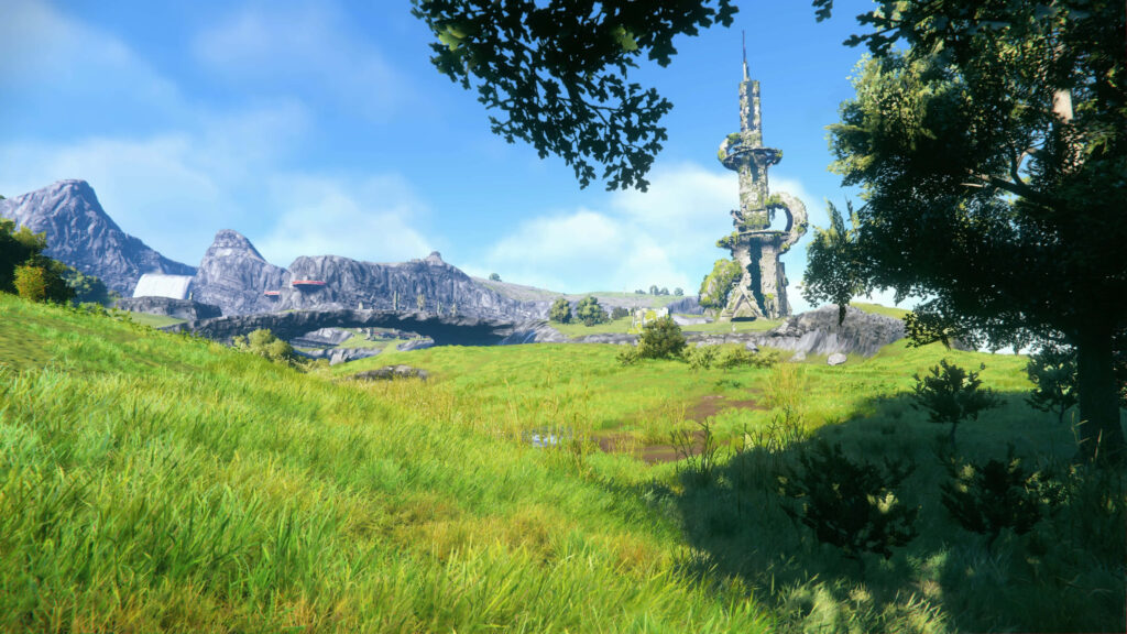 Vibrant Sonic Frontiers Wallpaper: Green Landscape & Ancient Tower
