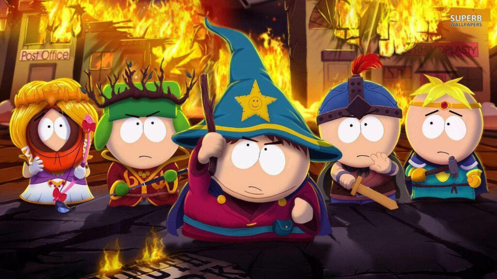 Fantasy South Park Characters Wallpaper: Fiery Background Design