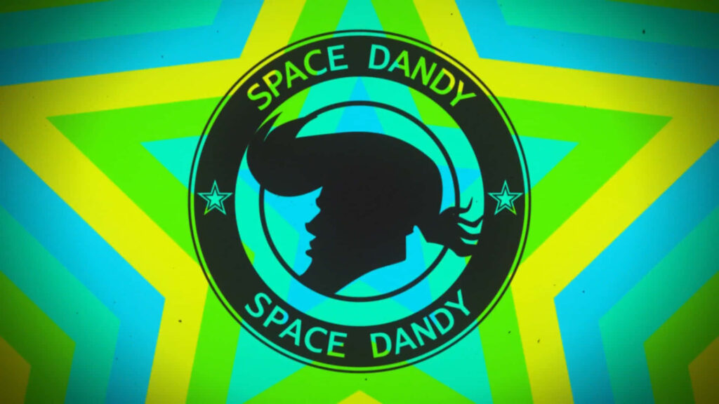 Vibrant Space Dandy Wallpaper: Neon Logo & Starry Background