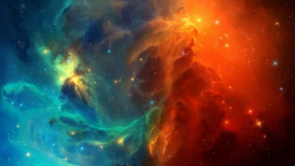 Vibrant space nebula wallpaper in blue, green, orange, and red, adorned with sparkling stars.