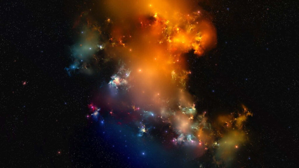 Vibrant space nebula wallpaper with glowing orange, blue, and yellow hues in a starry cosmos.