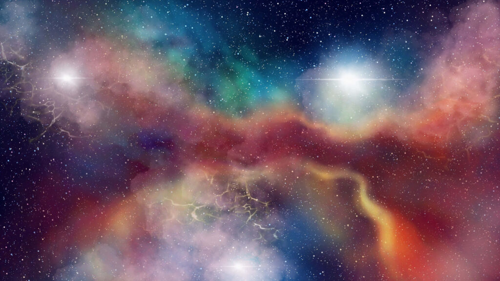 Colorful space nebula wallpaper with vibrant hues and sparkling stars, evoking cosmic beauty.