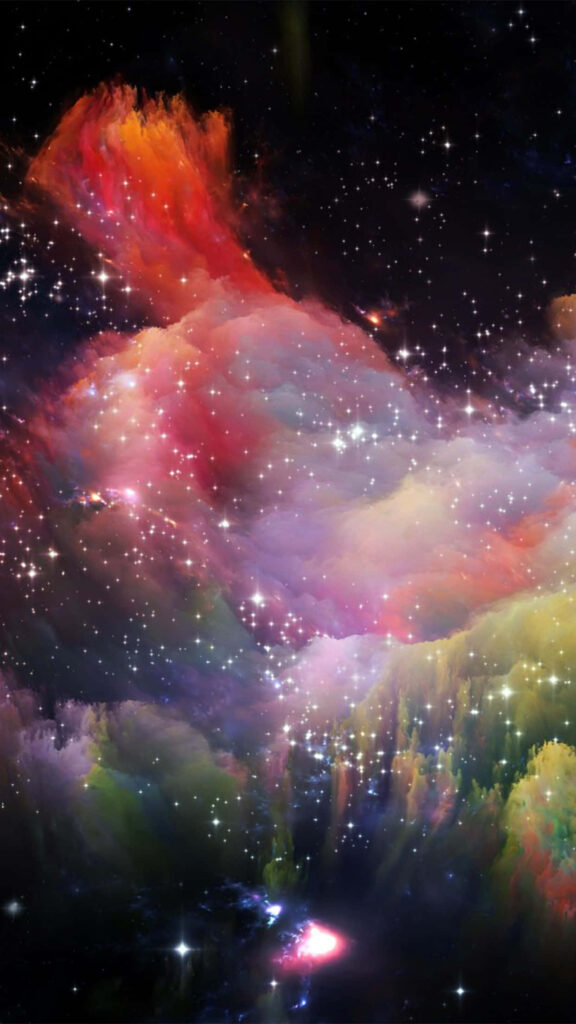 Colorful space nebula wallpaper with swirling clouds and scattered stars, cosmic ambiance.