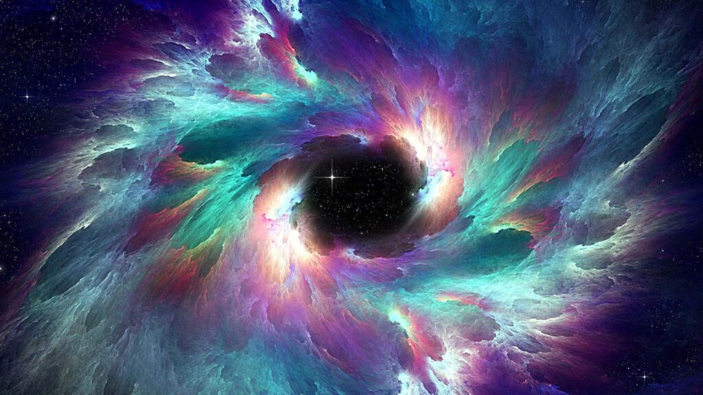 Vibrant space nebula wallpaper in blue, purple, pink, and green against a starry backdrop.