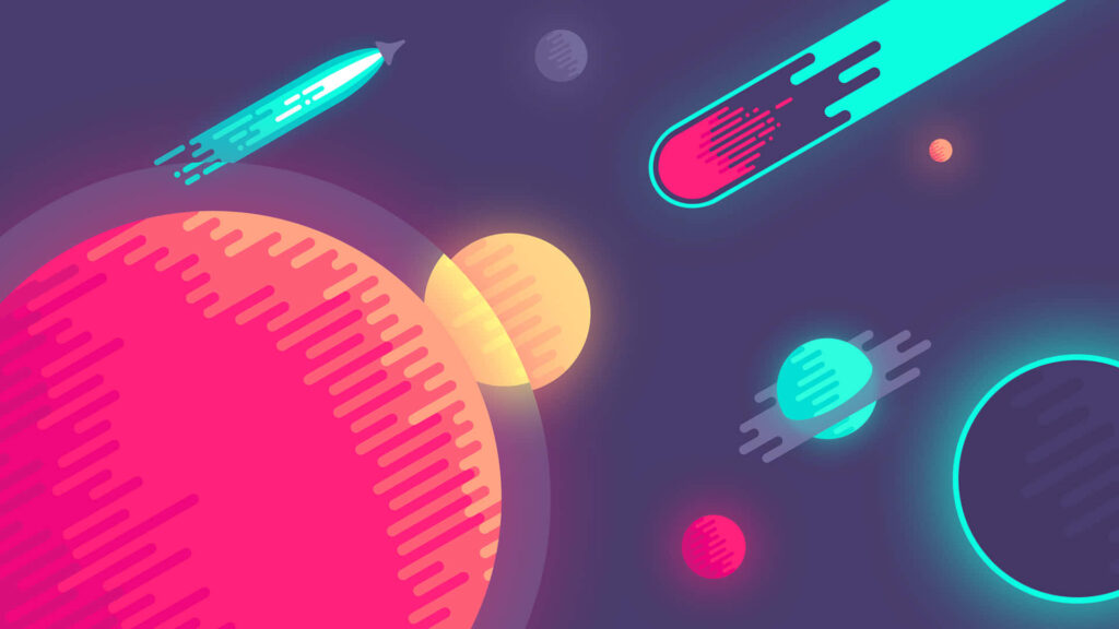 Vibrant Space-Themed Wallpaper with Colorful Planets and Rocket