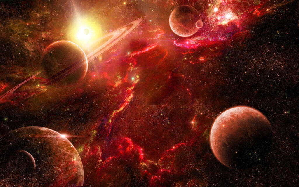 Vibrant space-themed wallpaper with red-orange nebulae and glowing planets in cosmic vista.