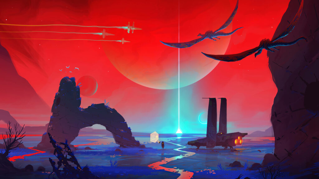 Imaginative Spaceship Vector Art with Red Alien Sky | Wallpaper Background