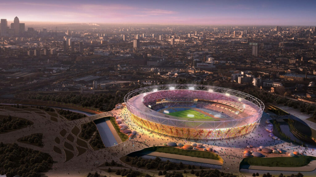 Dazzling Sunset Illuminates Spectacular Olympics Stadium Filled with Eager Fans Wallpaper