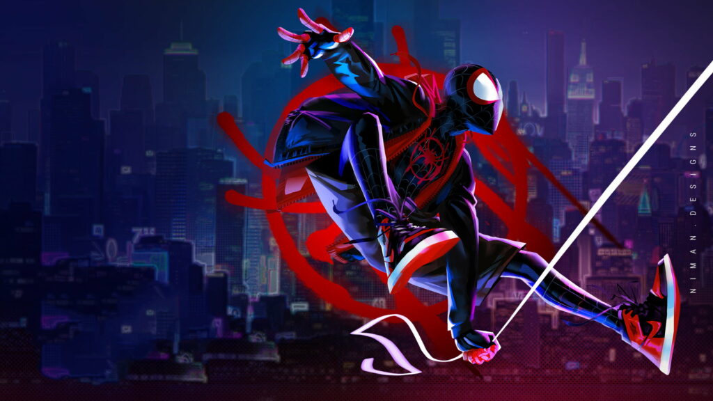 Miles Morales Spider-Man Wallpaper with Powerful Pose and City Backdrop