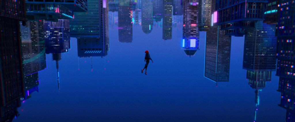Vibrant Spider-Man Into The Spider-Verse Wallpaper: Inverted Cityscape