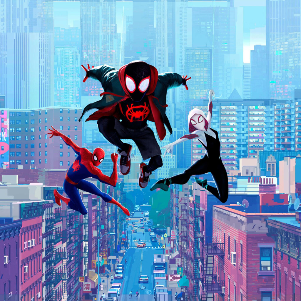 Vibrant Spider-Man Wallpaper: Miles, Peter & Gwen in Colorful City