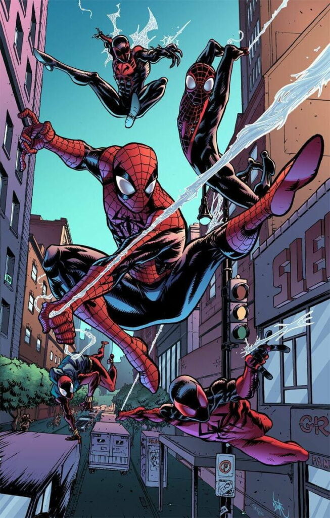 Comic-style Spider-Man versions swinging through vibrant cityscape, bold colors, dynamic action Wallpaper