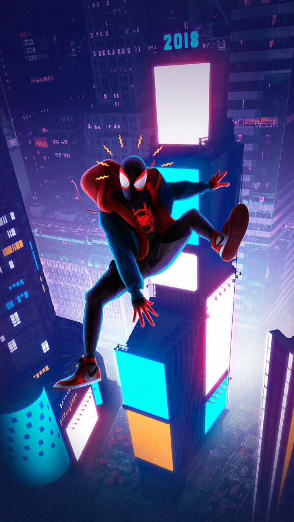 Dynamic Spiderman Miles Morales Neon Cityscape Wallpaper Background