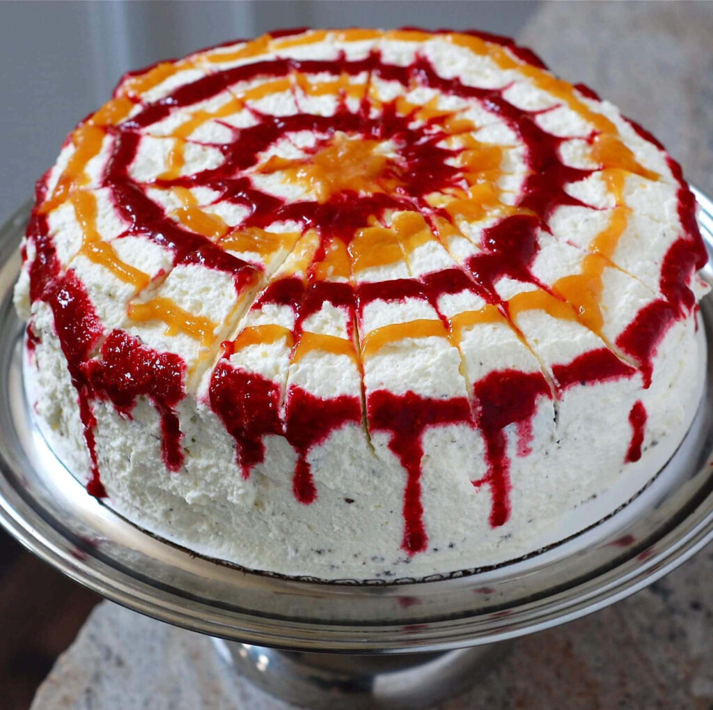Vibrant Spiral Cake Wallpaper: Red & Orange Delightful Background