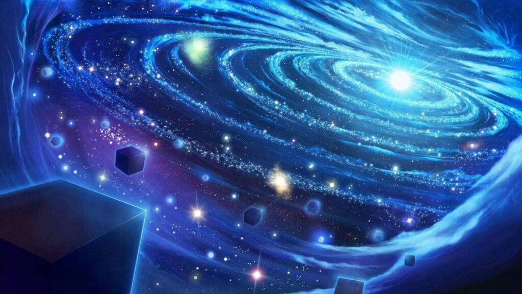 Vibrant spiral galaxy art with radiant star, floating cubes, and glowing celestial elements Wallpaper
