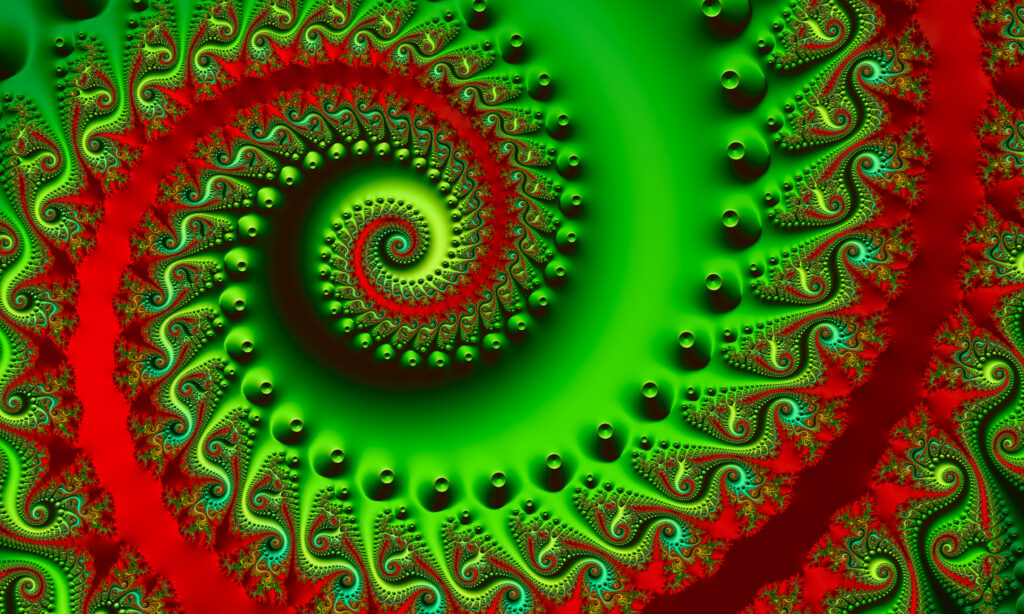 Intricate Spiral Design Wallpaper: Vibrant Green & Red Digital Art