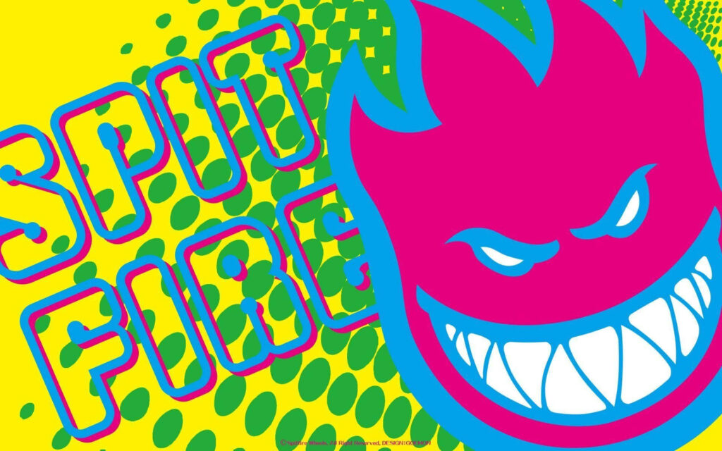 Spitfire Skate poster with flaming face logo vibrant colors dynamic rebellious skate culture background Wallpaper