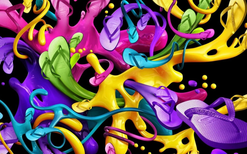 Vibrant Paint Splash Effects Bring Abstract Iridescent Slippers to Life: A Captivating Digital Illustration with a Fabulous Graphic Background Wallpaper
