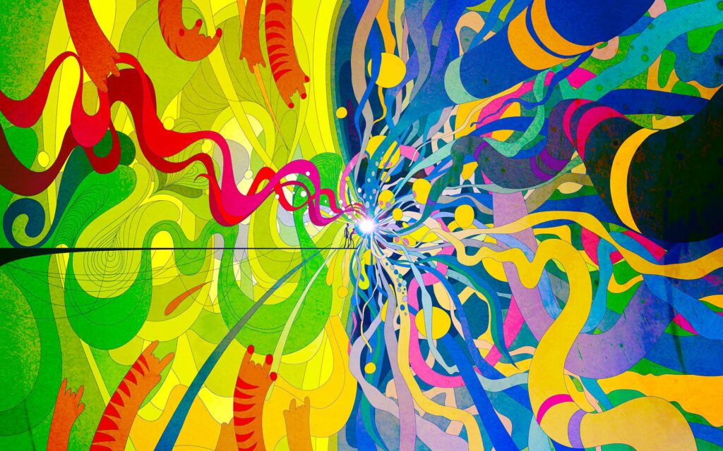 Silhouette by glowing light with neon ribbons and tiger patterned limbs vibrant surreal wallpaper