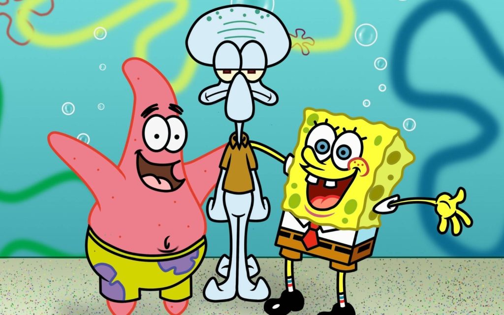 Vibrant SpongeBob and Patrick with stoic Squidward 2D cartoon wallpaper Bikini Bottom scene