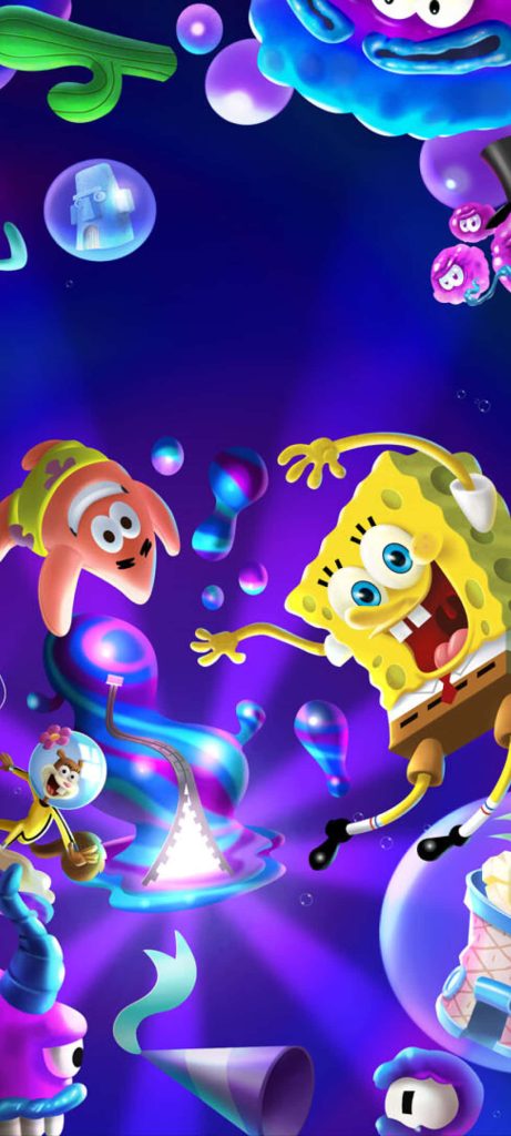SpongeBob Patrick and Sandy 3D CGI wallpaper glowing bubbles neon lights Bikini Bottom fun