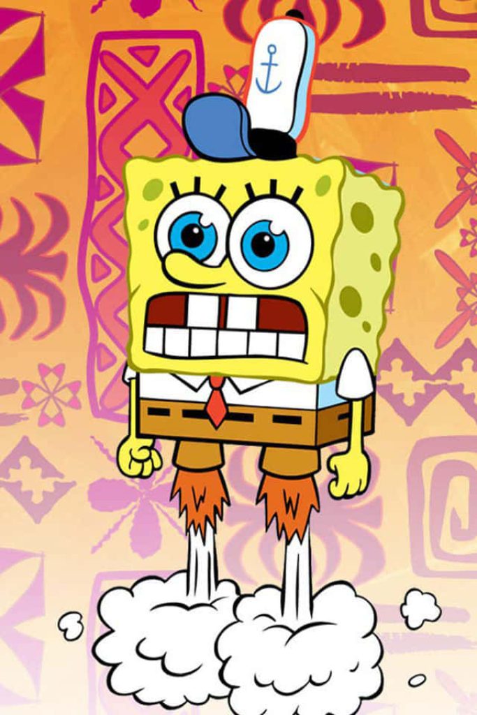 Vibrant SpongeBob SquarePants wallpaper with rocket legs and Krusty Krab hat on tiki background