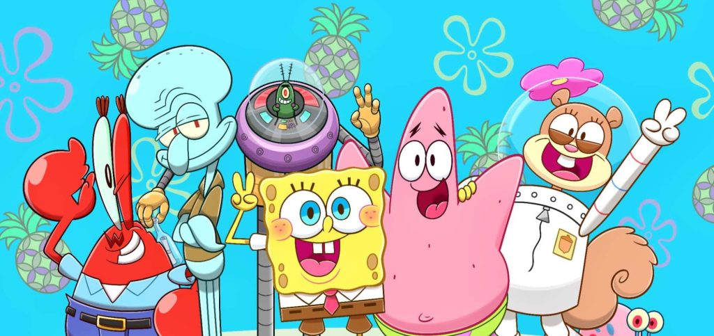 SpongeBob SquarePants cast vibrant cartoon wallpaper with SpongeBob Patrick Sandy and friends background