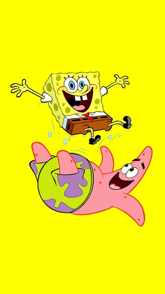 Vibrant SpongeBob SquarePants wallpaper with cheerful SpongeBob leaping above Patrick Star on yellow background