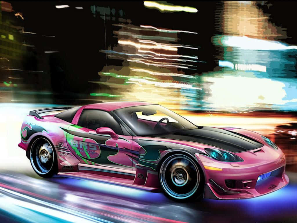 Vibrant sports car speeding through neon city streets at night dynamic street racing wallpaper