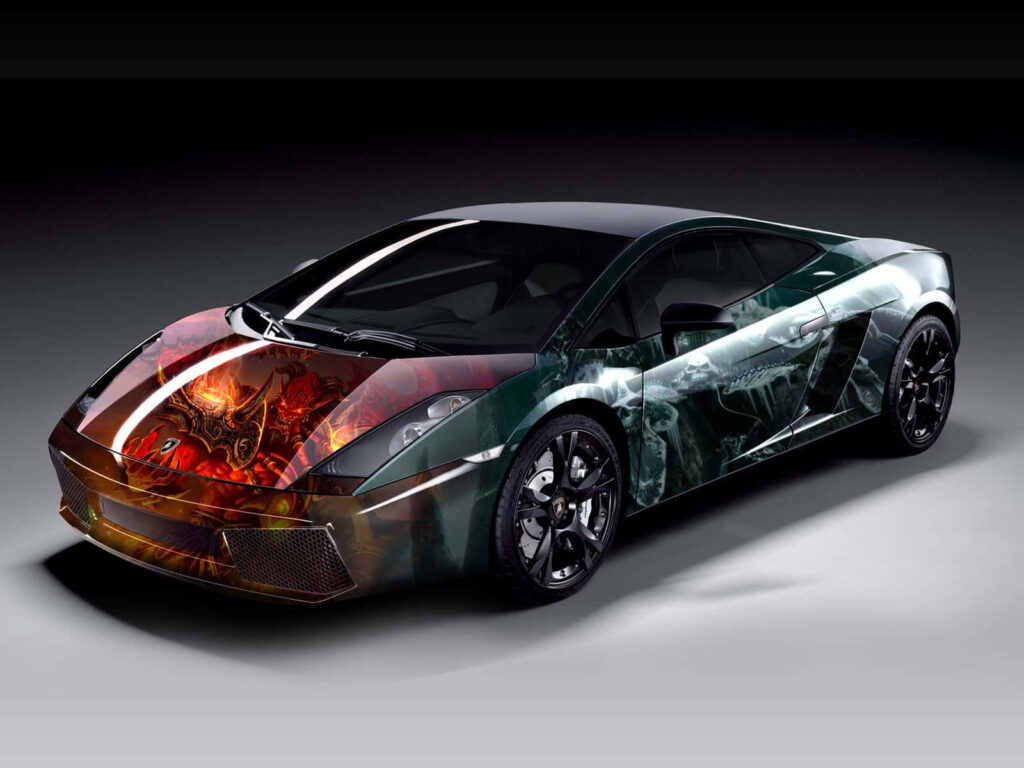 Sleek sports car with vibrant graphics showcasing speed and style automotive wallpaper background