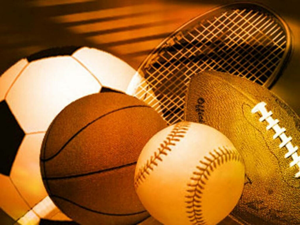 Vibrant Sports-Themed Wallpaper with Iconic Equipment on Gold