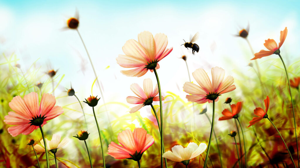 Serene 4K Spring Wallpaper: Delicate Flowers & Bee in Flight