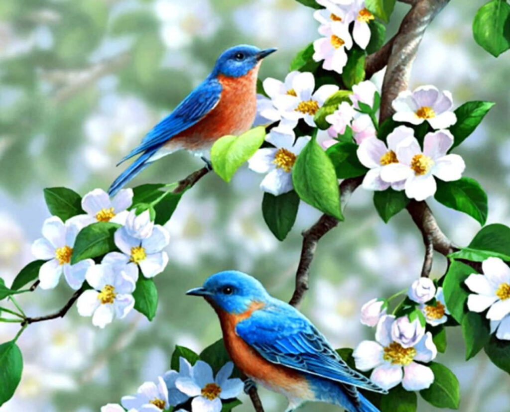 Spring Birds on Blooming Branches - Lush Green Background Decor Wallpaper