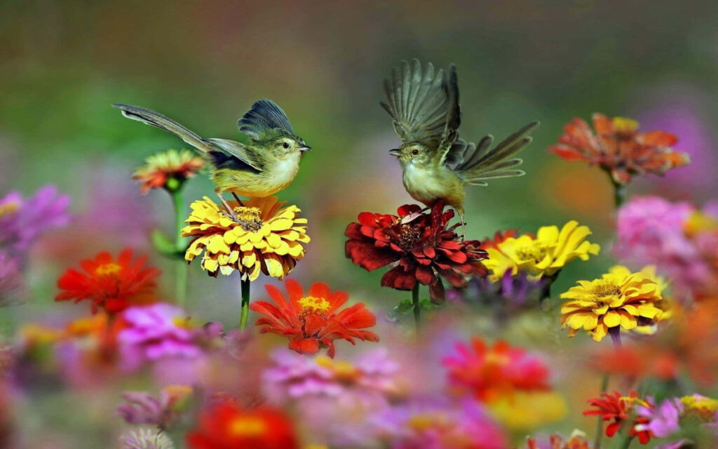 Vibrant Spring Wallpaper: Birds on Colorful Blossoms Background