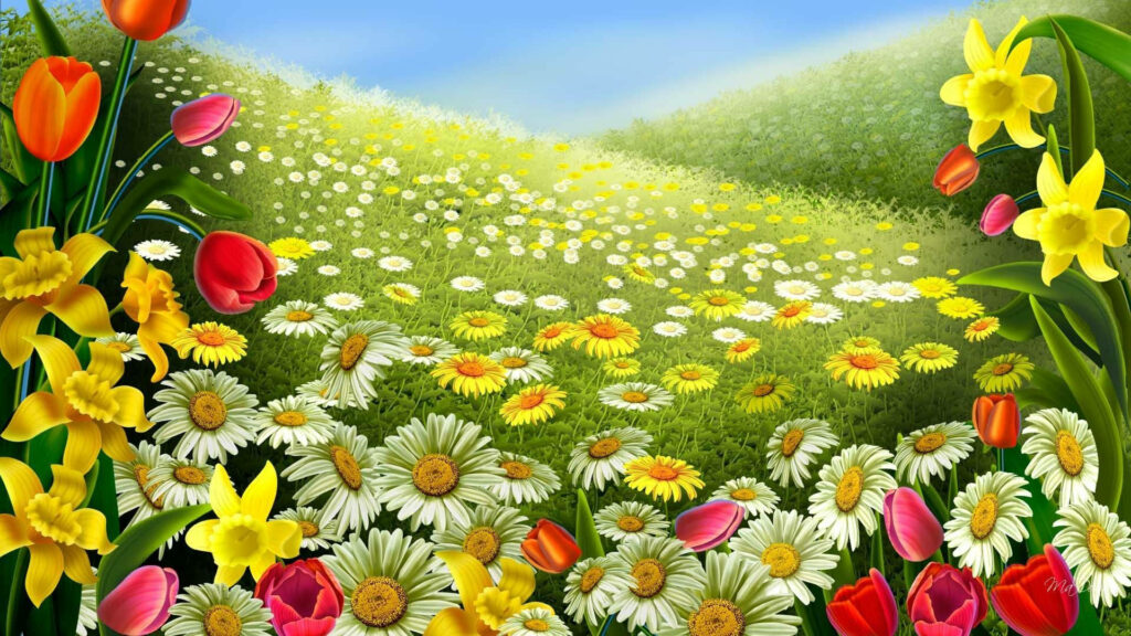 Vibrant Spring Field Wallpaper with Colorful Flowers and Blue Sky