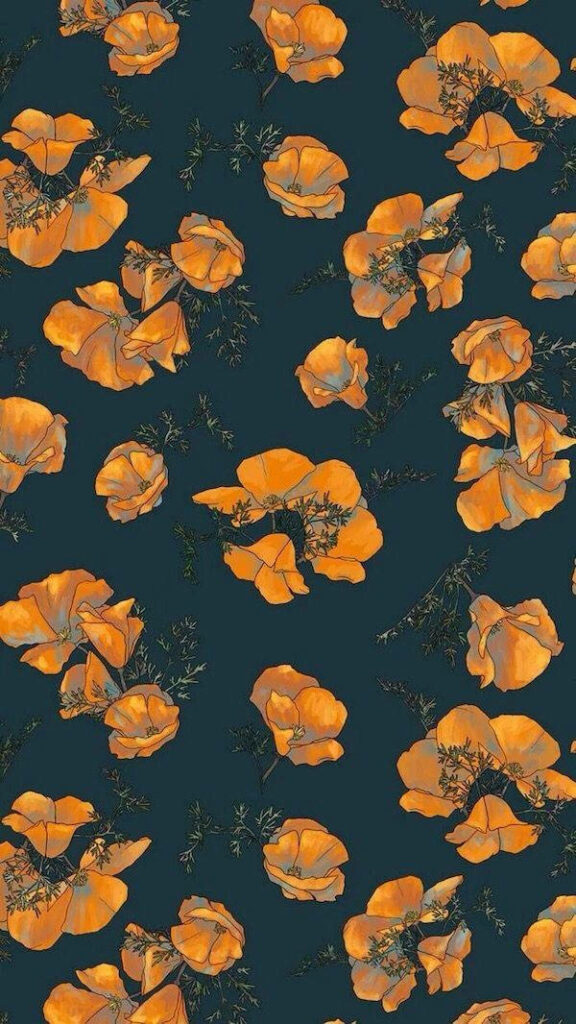Vibrant Spring Wallpaper: Orange Flowers on Dark Floral Background