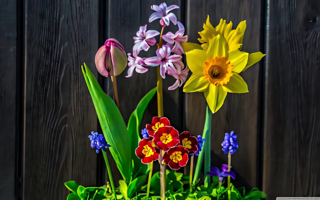 Vibrant Spring Flower Wallpaper: Colorful Floral Arrangement on Wood
