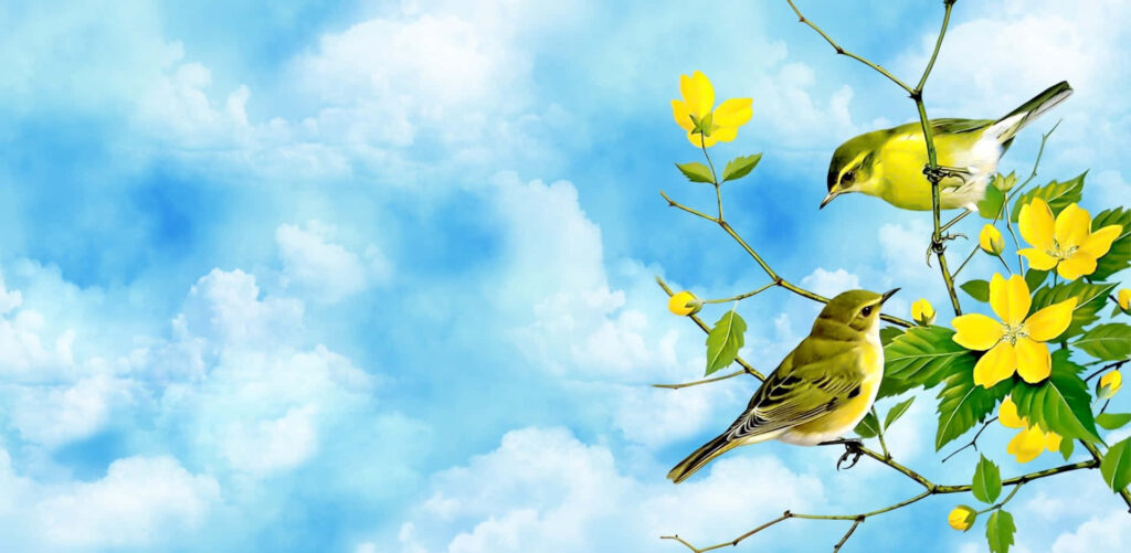 Vibrant Spring Morning Wallpaper: Yellow Flowers & Colorful Birds