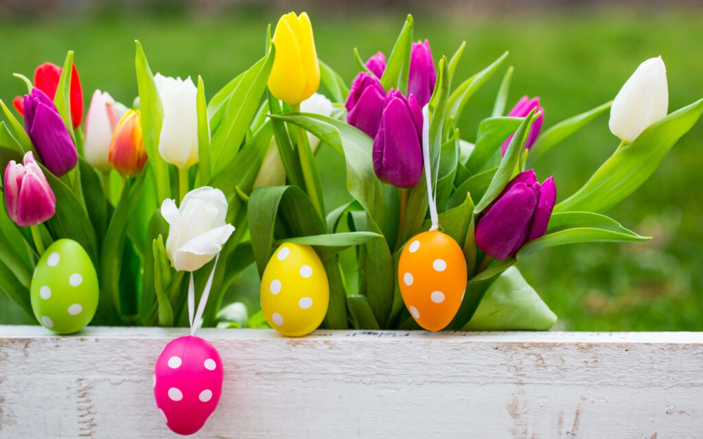 Vibrant Spring Scene: Colorful Tulips & Easter Eggs on Green Backdrop Wallpaper