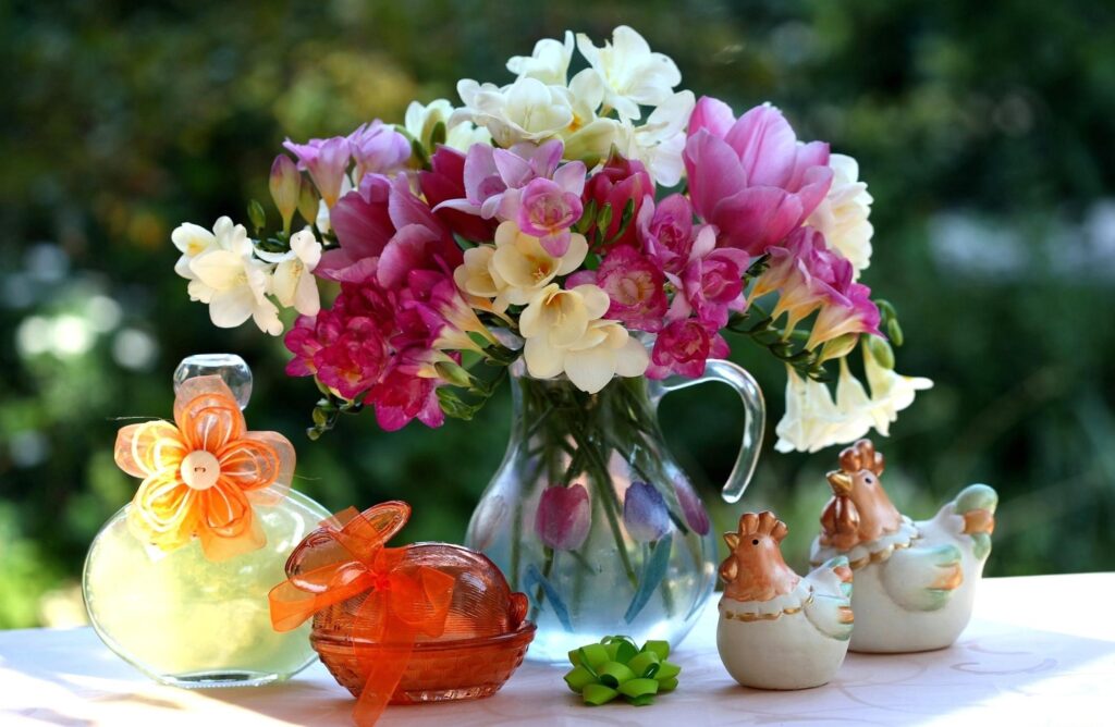 Spring Vibrance: Pink Tulips & Freesias in Glass Jar Decor Wallpaper