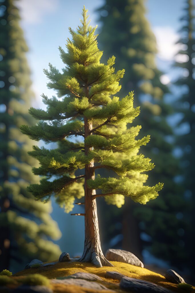 Vibrant spruce tree with glowing green needles in soft sunlight forest background wallpaper